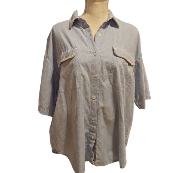 Vibest vintage blue chambray top with pearl details size 20 - Picture 8 of 8